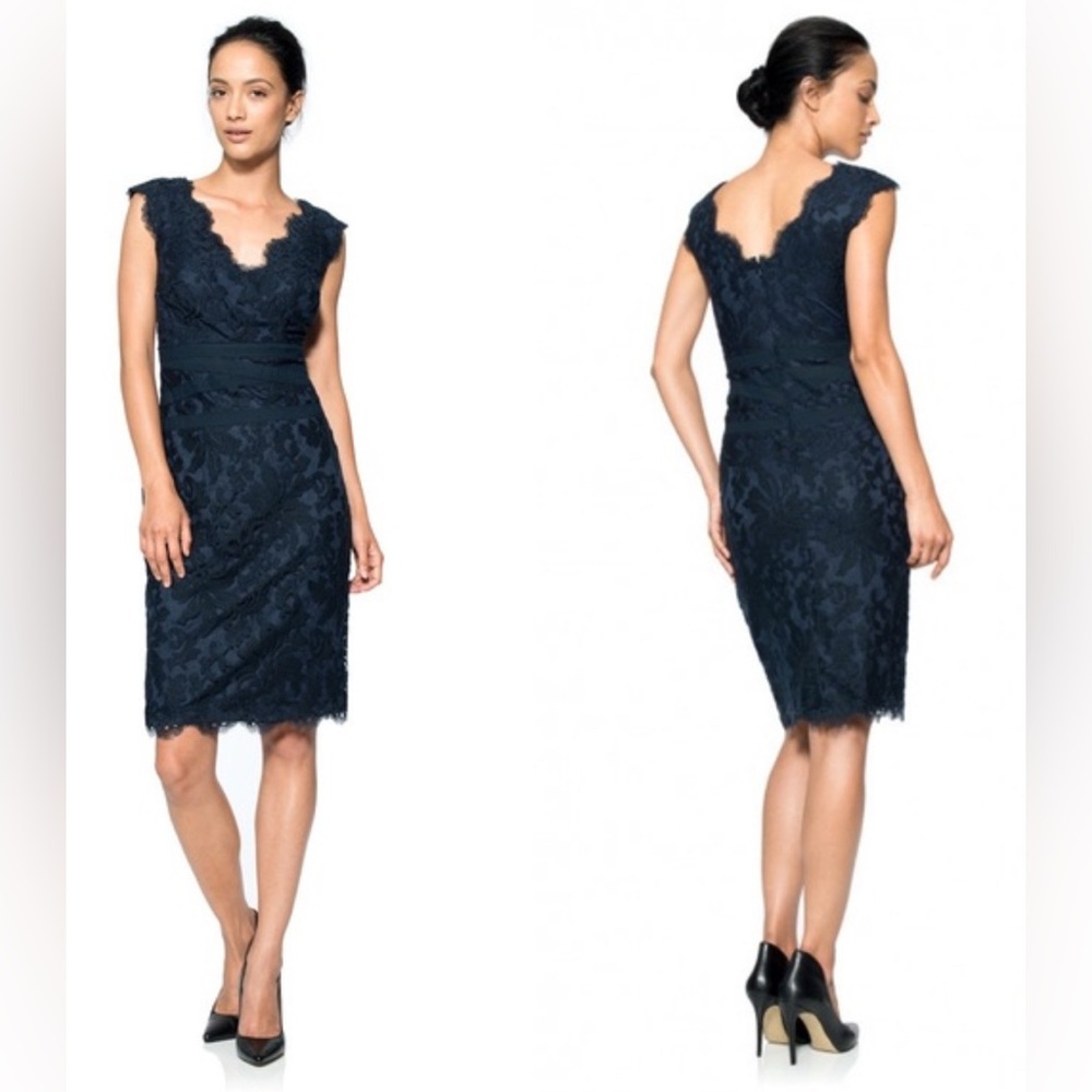 Tadashi Shoji Sleeveless Knee Length V Neck Black Lace Cocktail Dress. 6